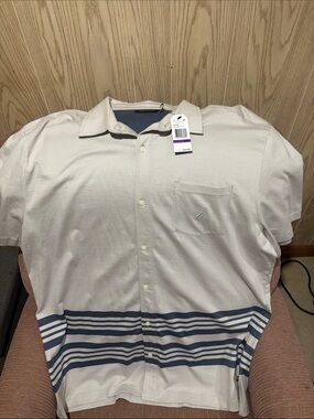 Nautica Men’s Cream Short-Sleeve Button-Down with Blue Horizontal Stripes Sz XXl